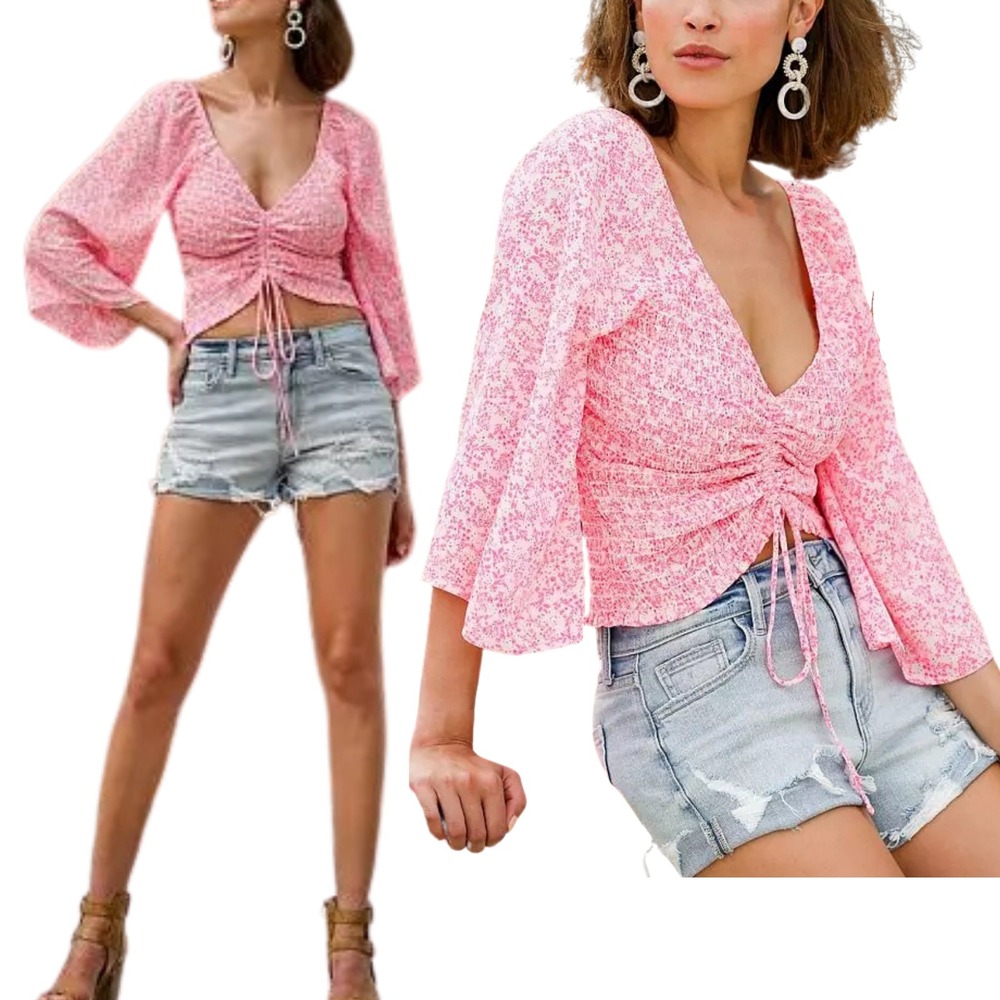 Willow Root‎ Pink Floral Smocked Ruched Crop Top Small Coquette Babydoll